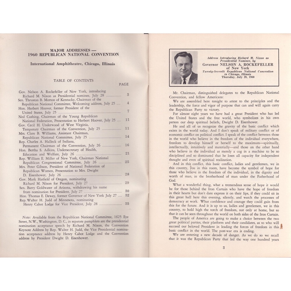 1960 Chicago IL Republican National Convention Major Speeches Booklet Nixon RNC - Picture 3 of 3